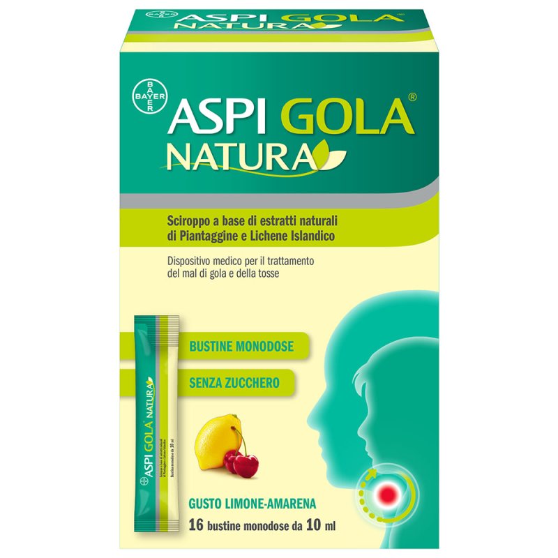 Aspi Gola Natura - Sciroppo per tosse e mal di gola - Gusto Limone e Amarena - 16 Bustine 