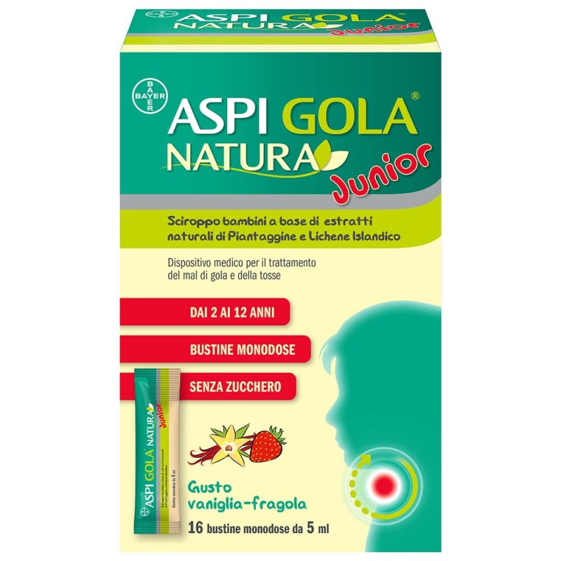 Aspi Gola Natura Junior - Sciroppo per bambini per tosse e mal di gola - Gusto Vaniglia e Fragola - 16 Bustine