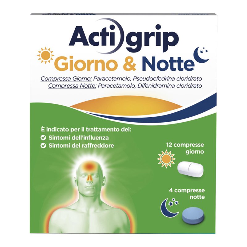 Actigrip Giorno & Notte - Rapido sollievo dai sintomi del raffreddore anche di notte - 12 + 4 compresse 