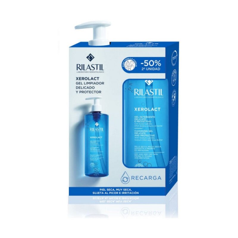 Rilastil Xerolact Gel Detergente + ricarica - Detergente per pelle secca e molto secca - Confezione con flacone da 750 ml + refill 750 ml