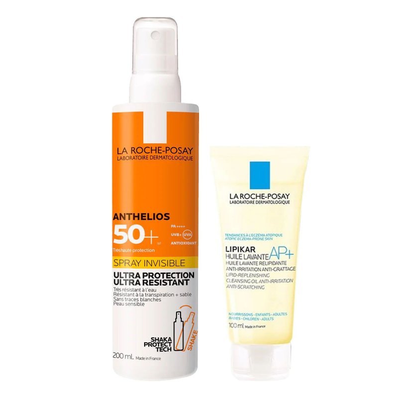 Anthelios Spray Solare Invisibile SPF50+ + Lipikar AP+ Olio Lavante - Protezione solare molto alta 200 ml + olio detergente anti arrossamento 100 ml