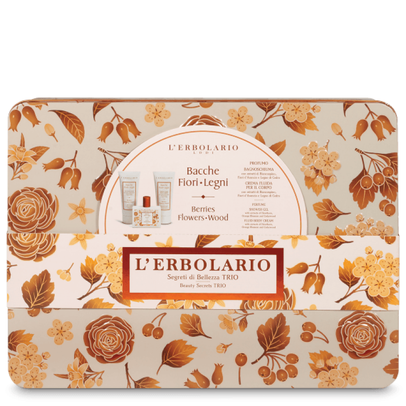 L'Erbolario Cofanetto di Natale Bacche Fiori Legni Segreti di Bellezza - Profumo 50 ml + Bagnoschiuma 100 ml + Crema corpo 100 ml