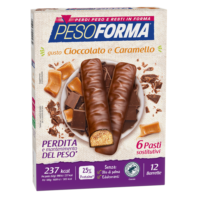 Pesoforma Barrette al Cioccolato e Caramello - Barrette sostitutive del pasto per perdere peso - 6 barrette