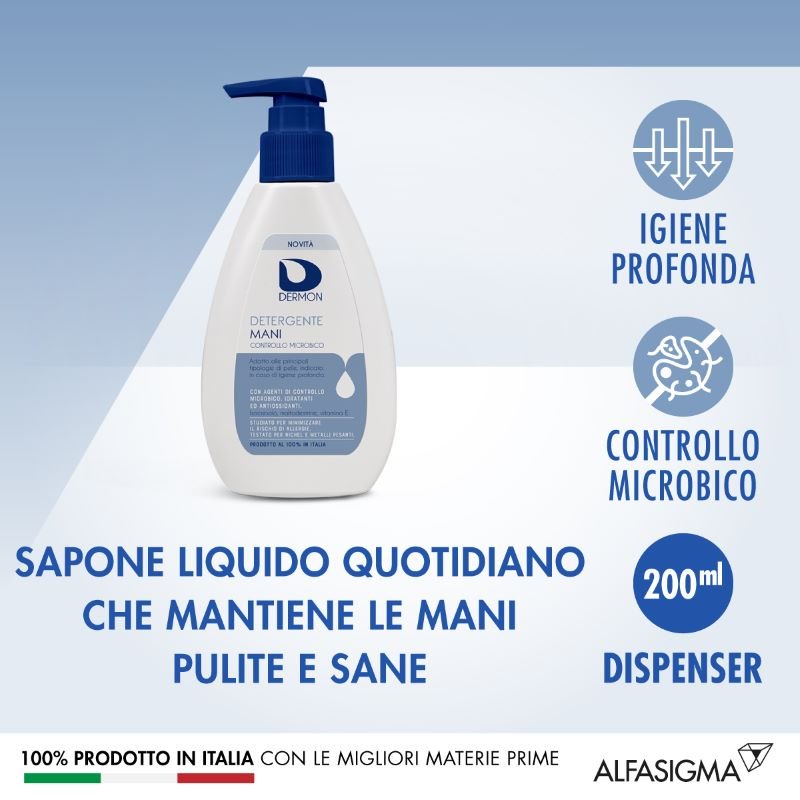 Dermon Detergente Mani - Con agenti di controllo microbico, idratanti ed antiossidanti - 200 ml