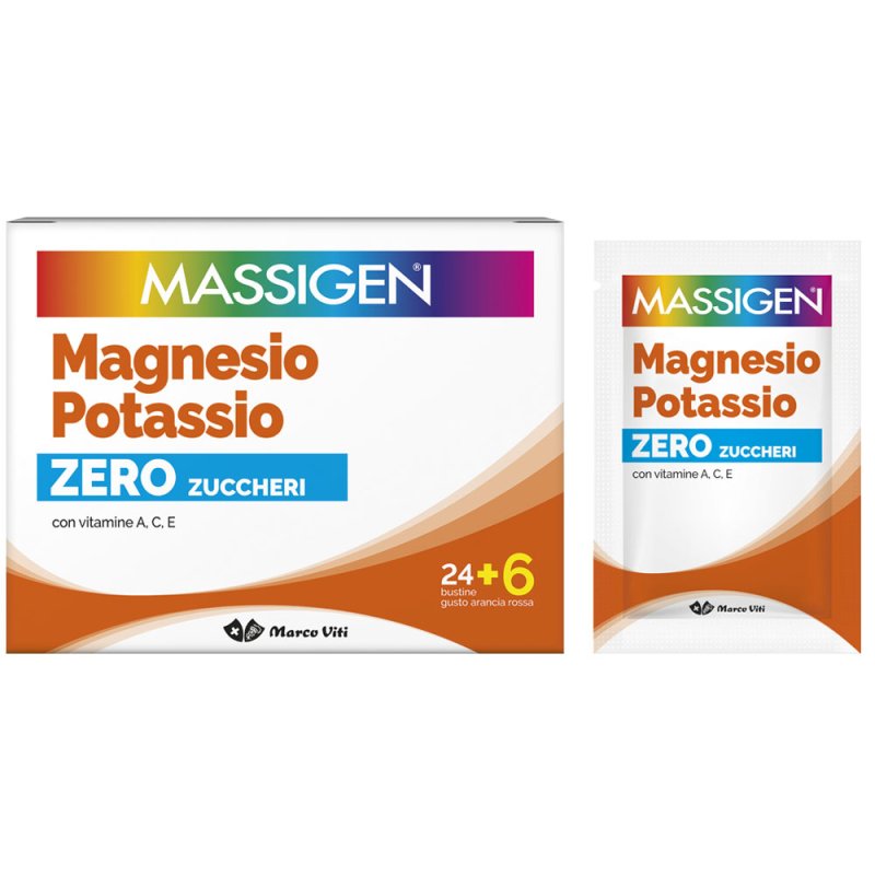 Massigen Magnesio e Potassio Zero Zuccheri - Integratore alimentare di vitamine e sali minerali - 24+6 buste