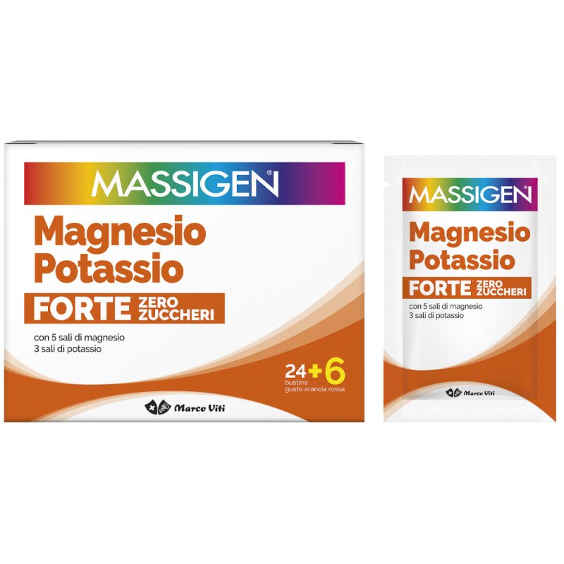 Massigen Magnesio Potassio Forte Zero Zuccheri - Integratore per stanchezza ed affaticamento - 24+6 buste