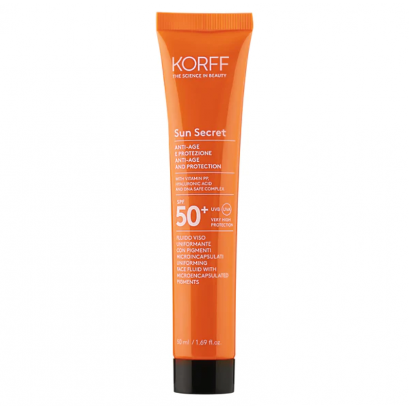 Korff Sun Secret Fluido Viso SPF50+ - Fluido viso antimacchie con protezione solare molto alta - Colore 02 Dark - 50 ml