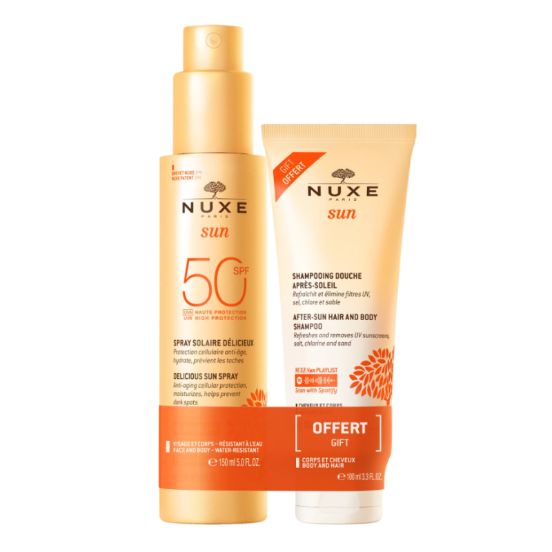 Nuxe Sun Duo Latte Spray Solare SPF50 + Shampoo Doccia Doposole - Spray solare per viso e corpo 150 ml + Shampoo doccia doposole per corpo 100 ml