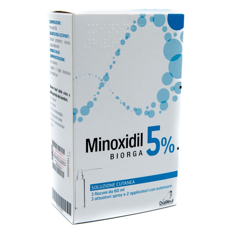 Minoxidil Biorga Soluzione Cutanea 5%  - Per il trattamento dell'alopecia - 3 Flaconi da 60 ml