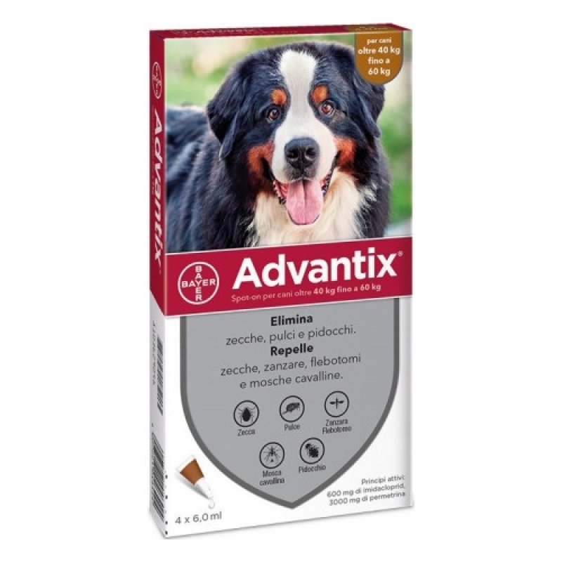 Advantix Spot-On per Cani da 40 a 60 Kg - Pipette antiparassitarie - 4 Pipette monodose da 6 ml 