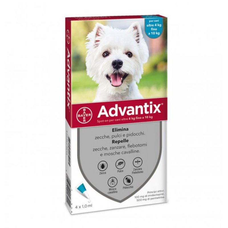 Advantix Spot-On per Cani da 4 a 10 Kg - Pipette antiparassitarie - 4 Pipette monodose da 1 ml 