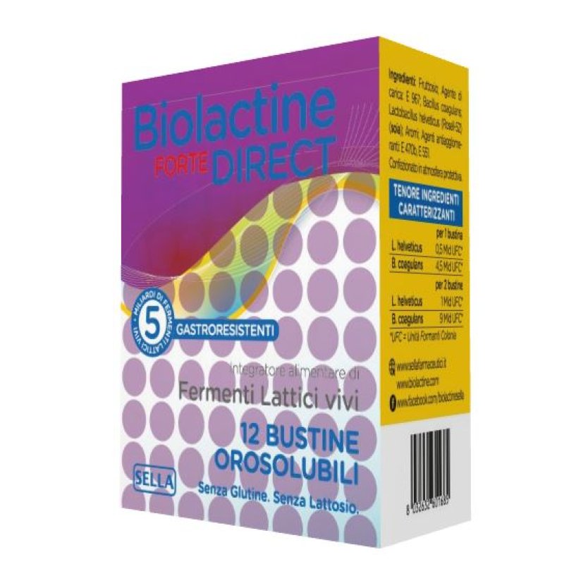 Biolactine Direct Forte - Integratore per l'equilibrio della flora batterica intestinale - 12 bustine orosolubili