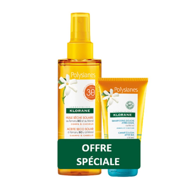 Klorane Kit Olio Secco Tamanu e Monoi + Shampoo Doccia Monoi - Olio solare da 200 ml + docciashampoo doposole da 75 ml