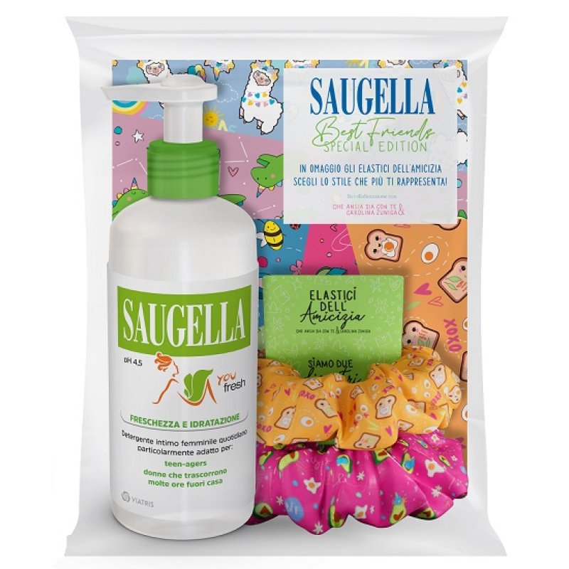 Saugella Bundle Detergente Intimo You Fresh + elastici dell'amicizia - Detergente intimo quotidiano da donna - 200 ml + 3 elastici per capelli