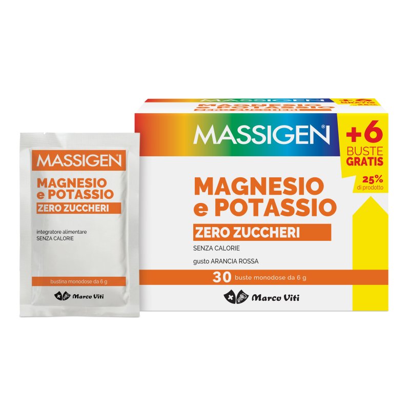 Massigen Magnesio e Potassio Zero Zuccheri - Integratore Alimentare per la stanchezza - 24+6 Buste