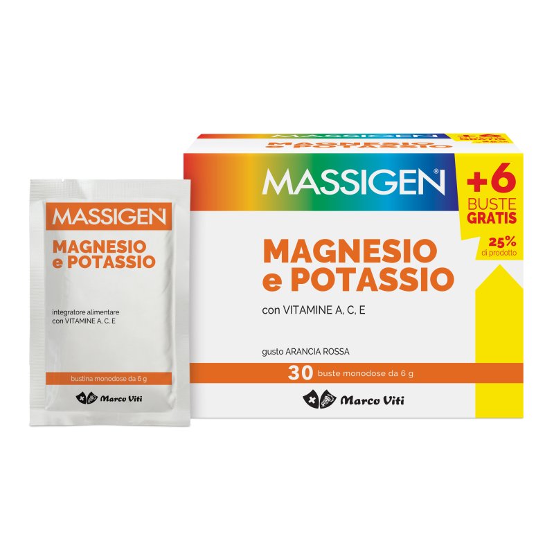 Massigen Magnesio e Potassio - Integratore Alimentare per la stanchezza - 24+6 Buste