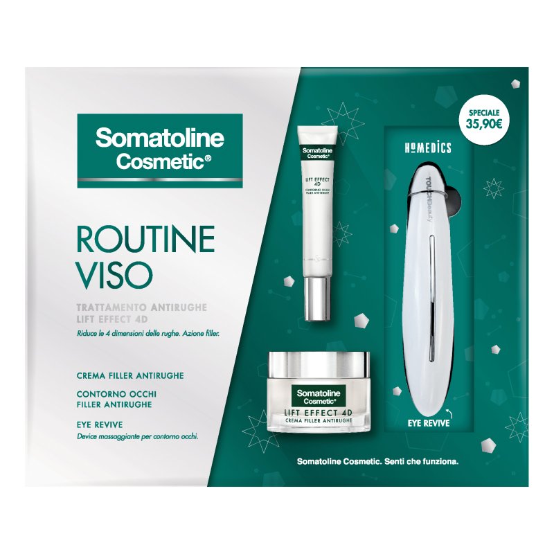 Somatoline Cosmetic Cofanetto di Natale 4D Crema e Occhi - Crema filler antirughe 50 ml + Contorno occhi filler antirughe 15 ml + Dispositivo massaggiante per contorno occhi