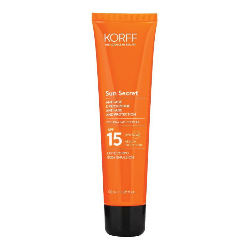 Korff Sun Secret Latte Protettivo Anti-Età SPF 15 - Latte solare resistente all'acqua adatto per il corpo - 100 ml