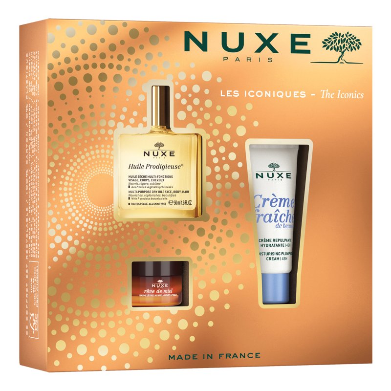 Nuxe Cofanetto Natale Gli Iconici - Olio prodigioso 50 ml + Crema rimpolpante idratante viso 30 ml + Balsamo labbra al miele 15 g