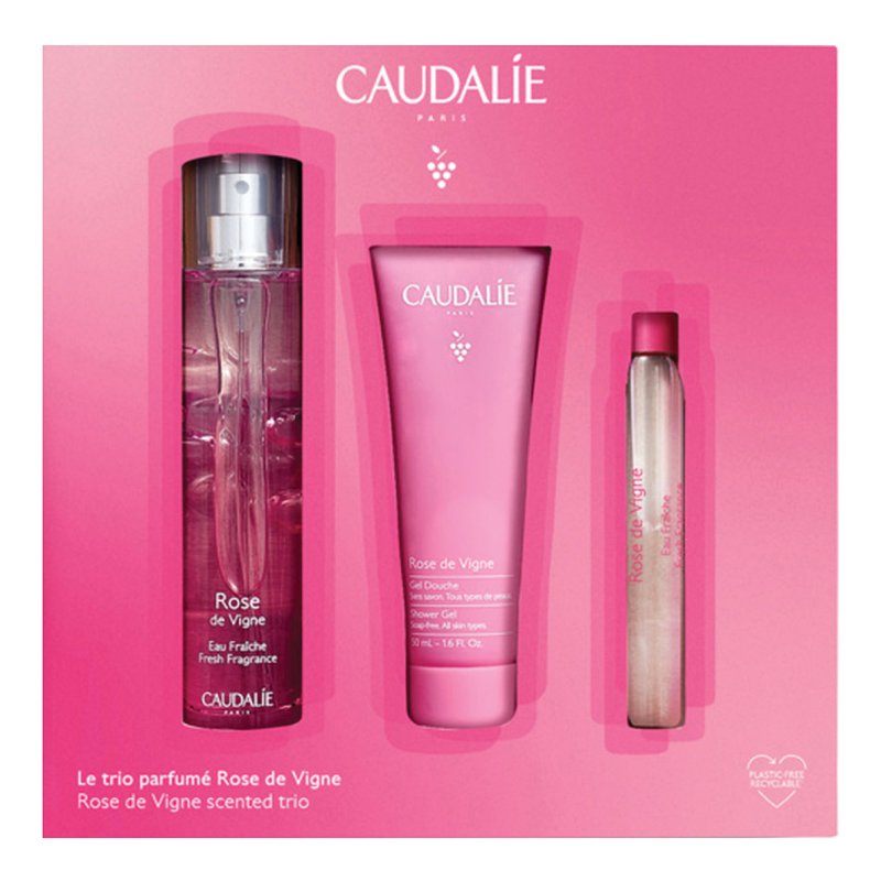 Caudalie Cofanetto di Natale Trio Rose De Vigne - Acqua profumata 50 ml + Gel doccia 50 ml + Acqua profumata roll on 10 ml